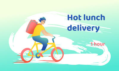 Young handsome guy in sunglasses rides fast with home delivery. The courier on a bicycle at high speed carries products, dynamic background in motion.