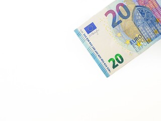 Paper money of the euro on a white background neatly laid out, straight, smooth. Denomination twenty, ten, fifty, five euros. Savings. Saving. Credit. Spare pillow for a rainy day.