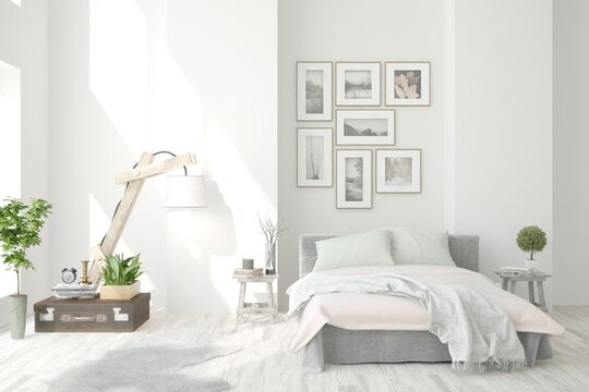 Fototapeta White bedroom interior. Scandinavian design. 3D illustration