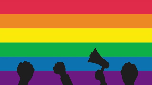 LGBT Pride, Parade and Protest. Hands moving frame - animation on lgbt flag. LGBT rainbow and transgender flag during pride month celebration against violence, descrimination, human rights violation.