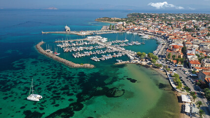 Aerial drone panoramic photo of picturesque port and main town of Aigina island, Saronic gulf,...