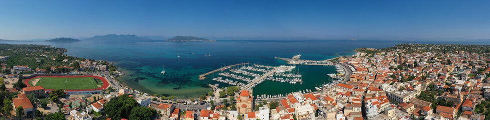 Aerial drone panoramic photo of picturesque port and main town of Aigina island, Saronic gulf, Greece