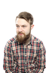 Fototapeta premium Hipster bearded man in red shirt isolated on white background