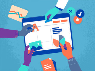 Una squadra di persone creative sviluppa il layout di an app per tablet. Concetto per user experience © Hurca!