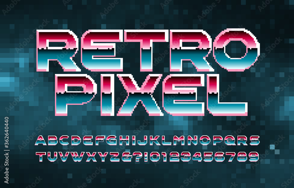 Fototapete retro pixel alphabet font. computer letters and numbers. abstract pixel background. 80s arcade video