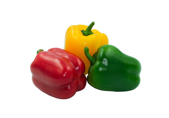 group three color fresh vegetable capcicum decoration food. Red Yellow green sweet peeper or bell pepper . Isolated on white background with clipping path
