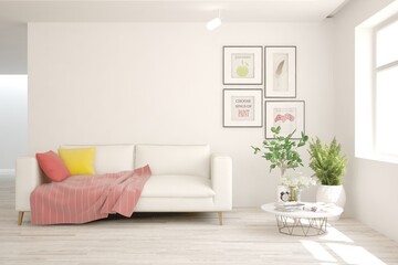White living room with sofa. Scandinavian interior design. 3D illustration