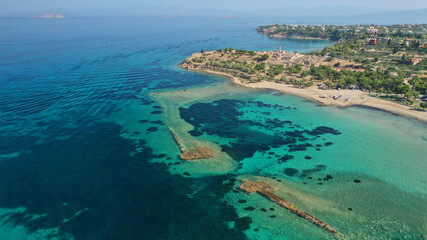 Aerial drone photo of archaeological site of Temple of Apollo and ancient port next to main port of...