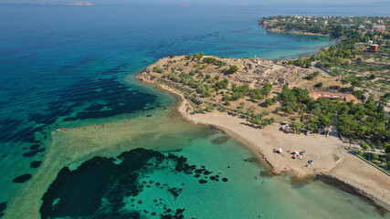 Aerial drone photo of archaeological site of Temple of Apollo and ancient port next to main port of...