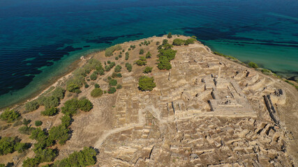 Aerial drone photo of archaeological site of Temple of Apollo and ancient port next to main port of...