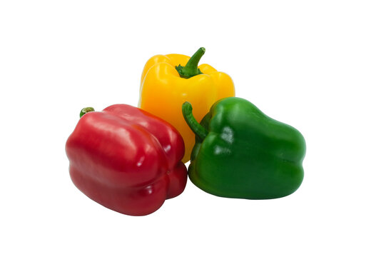 group three color fresh vegetable capcicum decoration food. Red Yellow green sweet peeper or bell pepper . Isolated on white background with clipping path