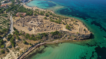 Aerial drone photo of archaeological site of Temple of Apollo and ancient port next to main port of...