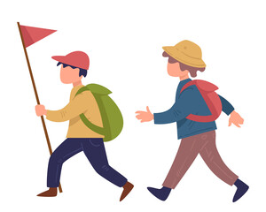 Scout boys walking with flag wearing satchels vector