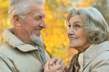 Beautiful senior couple holding hands in the park