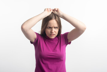 I cannot stand it anymore. Portrait of angry upset fed up outraged young caucasian woman in violet...