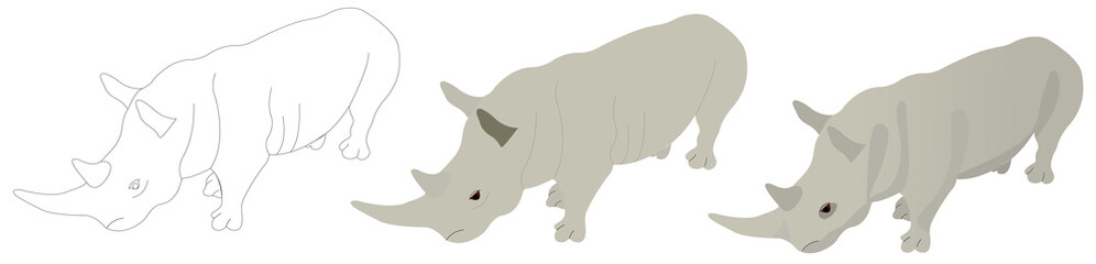 Set of icons in isometric. Rhinoceros in three styles.