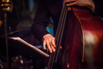 Double-bass fragment in jazz concert stage in musican hands - obrazy, fototapety, plakaty