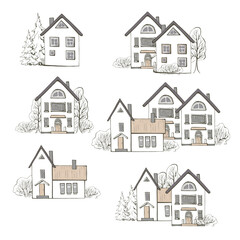Set sepia scandinavia houses and house group in beautiful style with graphic trees. Hand drawn light brown style element isolated on white background.