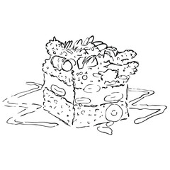 Black and white hand drawn cake slice sketch. Tasty rectangle piece of cake with nuts, crumbs and marshmallows. Coloring book