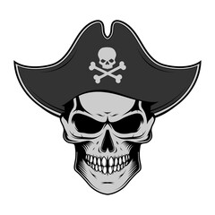 Skull evil pirate. Pirate tattoo. Captain logo. Pirate Eye. Buccaneer hat. Vintage sailor character. Filibuster face. Freebooter. Monochrome style. Vector graphics to design.