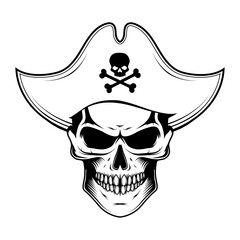 Skull evil pirate. Pirate tattoo. Captain logo. Pirate Eye. Buccaneer hat. Vintage sailor character. Filibuster face. Freebooter. Monochrome style. Vector graphics to design.