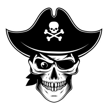 Skull evil pirate. Pirate tattoo. Captain logo. Pirate Eye. Buccaneer hat. Vintage sailor character. Filibuster face. Freebooter. Monochrome style. Vector graphics to design.