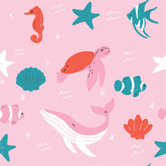 Seamless vector repeat pink red and green ocean animals pattern. This pattern has starfish, turtles, whales, clownfish, whales, and a turtle.