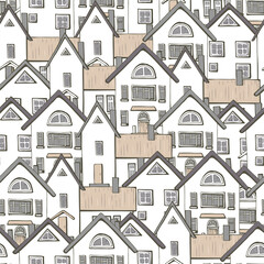 Stylish sepia monochrome seamless pattern with hand drawn houses one after another. Light brown endless texture with norway cityscape in scandinavia style for concept design.