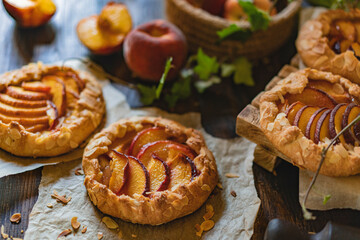 Homemade tart peach Galette (French name) - a few open pies with fresh organic fruits, rustic kitchen, dark wooden table. Low key shot. Natural light, copy space, selective focus.