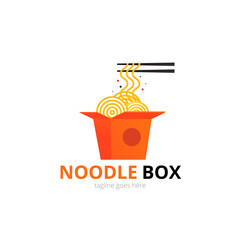 Noodle logo concept. Red box with chopsticks. Japanese template vector