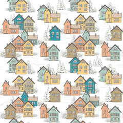 Naklejka premium Winter seamless pattern with pastel colored houses and spruce tree on white background. Endless texture with norway cityscape in northern scandinavia style for concept design.