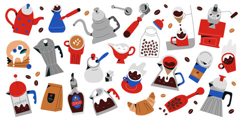 Big coffee set, hand drawn icons, tools, utensils for coffee drinks preparation and brewing, cups and mugs, pots and desserts, isolated vector objects, flat illustrations, doodle collection