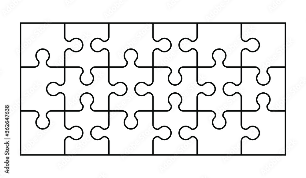 Poster the set of eighteen pieces of the puzzle. a puzzle with different types of parts and the ability to 