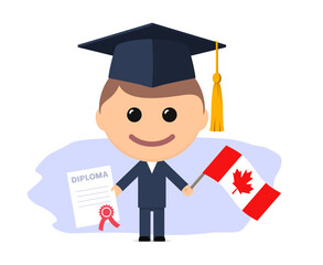 Cartoon graduate with graduation cap holds diploma and flag of Canada