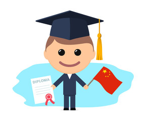Cartoon graduate with graduation cap holds diploma and flag of China