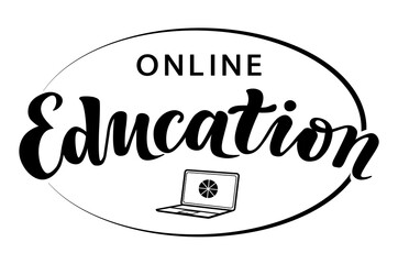 online education lettering text logo design; black and white colors; e-learning; handwritten font, study concept with calligraphy and clock icon