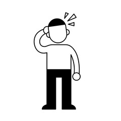 Man with a headache, guy holding hands to his head. Minimal black and white outline icon. Flat vector illustration. Isolated on white background.