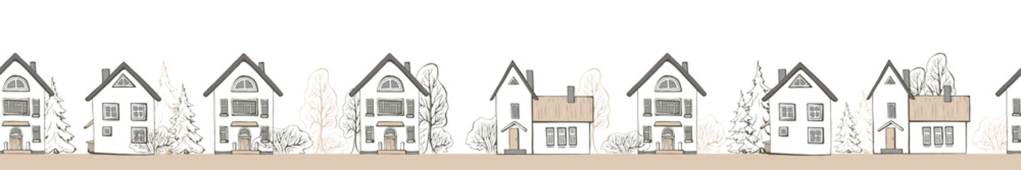 Seamless sepia pastel scandinavia house faсades street on white background with graphic trees. Graphic cityscape border horizontal. Hand drawn vector illustration isolated. Nordic style.