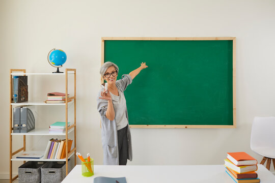 School Education. Senior Teacher Explaining Material Near Blackboard At Clasroom. Mature Professor Giving Lecture Online