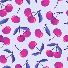 Seamless pattern of cherry berries with leaves isolated on a light lilac background. Healthy eating, trendy hand-drawn summer berries. Vector flat illustration