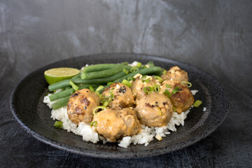 Thai Curry Meatballs with White Rice and Green Beans