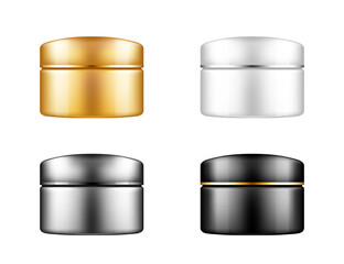 Set of white, silver, gold and black cosmetic jar with strip on cap mockup: lotion, cream, mousse, powder. Plastic package design. Blank medical, face care template. 3d isolated vector illustration
