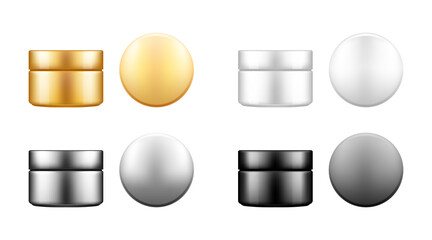 Set of white, silver, gold and black cosmetic jar with cap top view mockup: lotion, cream, powder. Plastic package design. Blank hygiene, medical, body or face care template. 3d vector illustration