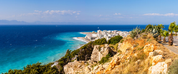 View of Rhodes town with azure sea water. Rhodes island, Greece