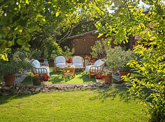 Cozy garden lounge chairs with pillows, surrounded by flowers