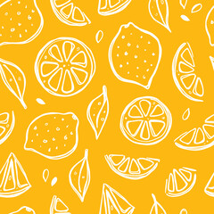 Lemon hand drawn seamless pattern. Whole, half, sliced, bitten. Hand drawn vector illustration for wrapping paper, decorative fabric, print, wallpaper, shop, menu, market, cafe, restaurant