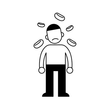 Man with blood cells shapes around him, minimal black and white outline icon. Flat vector illustration. Isolated on white background.