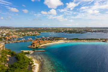 Aerial view of coast of Curaçao in the Caribbean Sea with turquoise water, cliff, beach and...