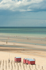 aerial view of the bath cabins at De Panne beach in Belgium