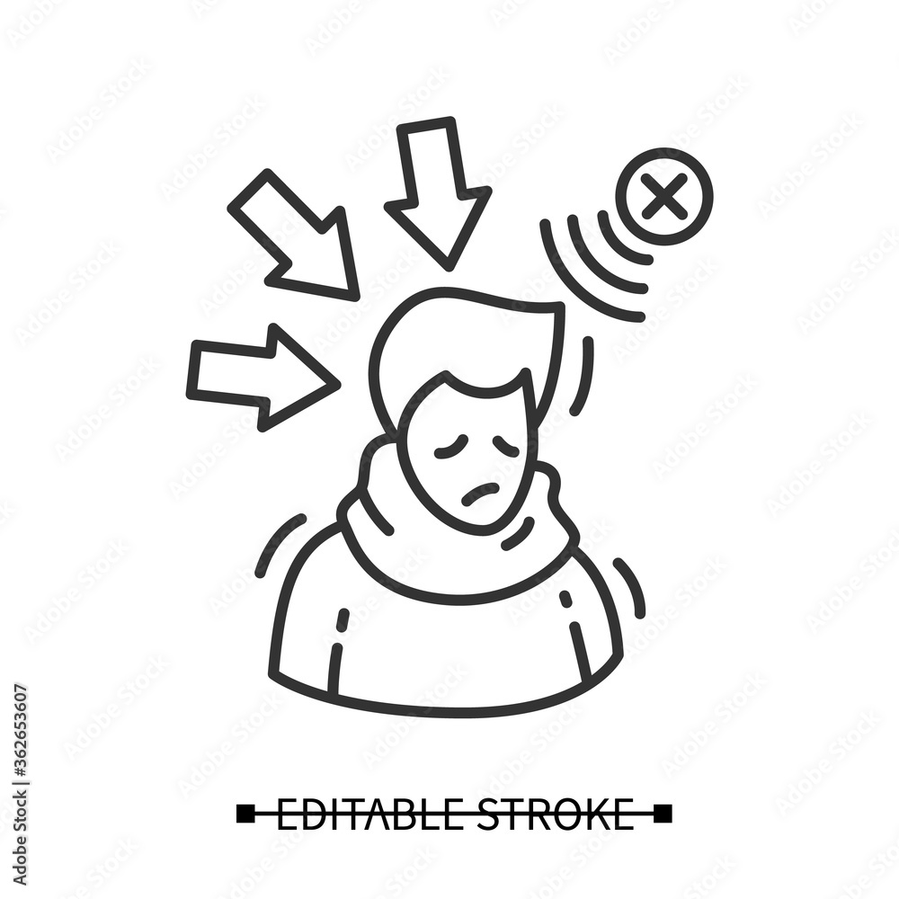 Poster negative influence icon. simple linear pictogram of person depressed and upset with negative media i
